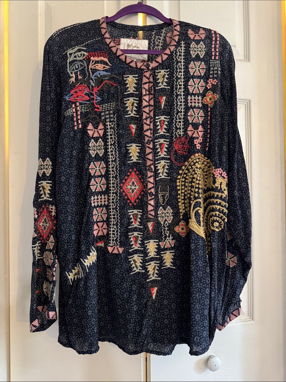 BIYA Johnny Was Navy Embroidered Boho Tunic with Pink & Gold XL Stunning!